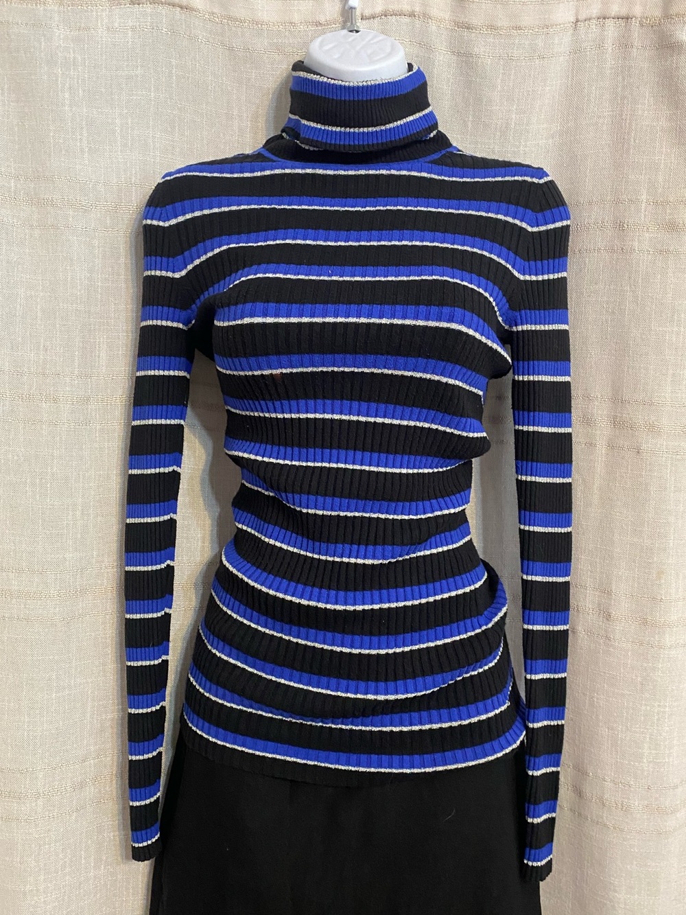 Vintage Y2K Express Blue Metallic Silver Striped Ribbed Turtleneck L